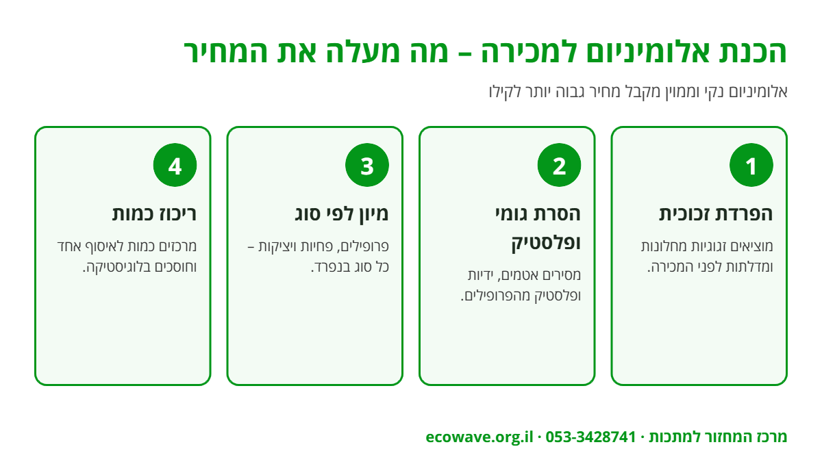 אינפוגרפיקה: הכנת אלומיניום למכירה – הפרדת זכוכית, הסרת גומי ופלסטיק, מיון לפי סוג וריכוז כמות