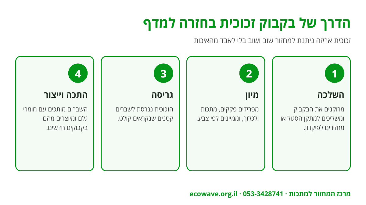 אינפוגרפיקה: מחזור בקבוק זכוכית – השלכה למתקן הסגול, מיון, גריסה לקולט, התכה וייצור