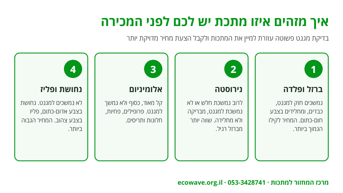 אינפוגרפיקה: זיהוי מתכות למיחזור – ברזל, נירוסטה, אלומיניום ונחושת לפי בדיקת מגנט וצבע